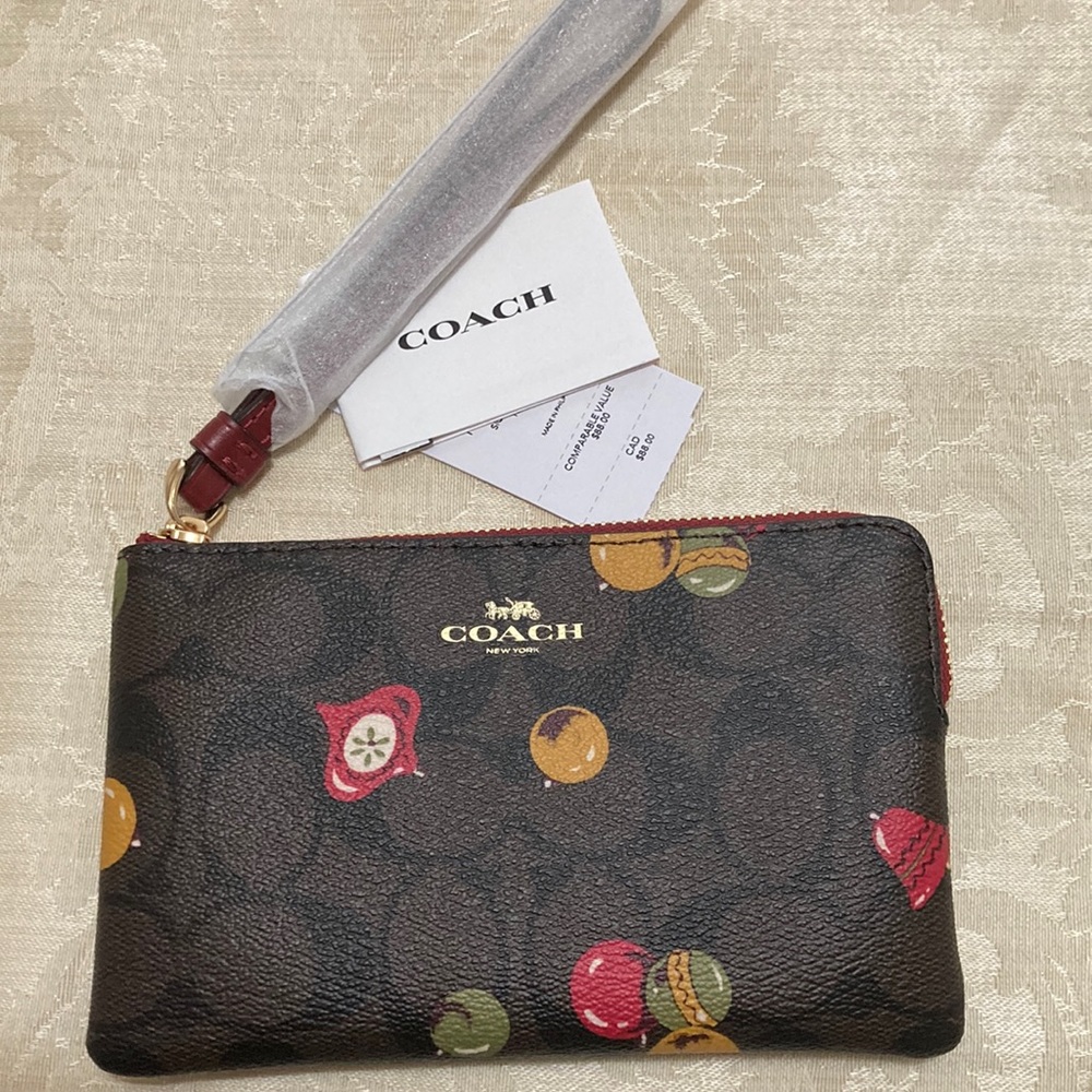 Coach Signature with Ornament Print Wristlet Coin Purse Wallet Christmas